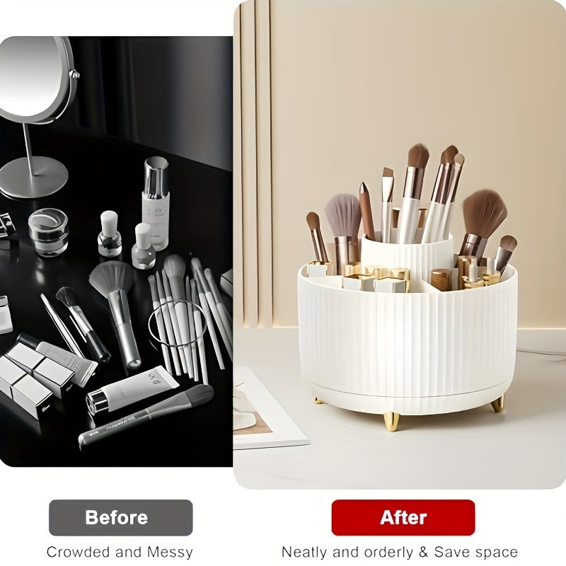 360° Rotating Makeup Organizer - 1pc Plastic Cosmetic Storage with 5 Compartments - Multi-Functional Holder for Brushes, Lipsticks, Skin Care Products, and Stationery - Durable Unscented Desk Caddy with Luxury Stripe Design