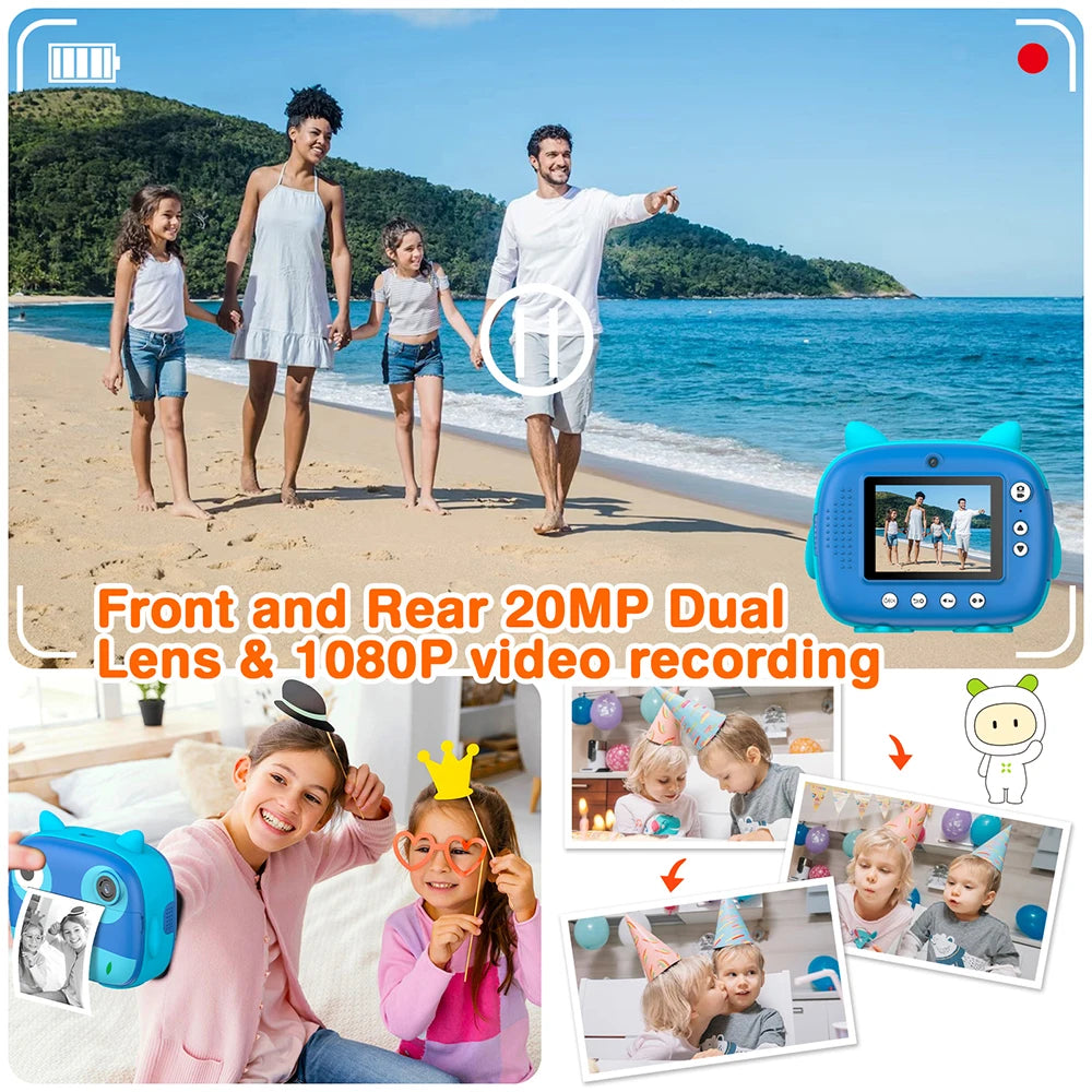 9IMOD Children Instant Print Camera 2.4inch 1080P Selfie Video Photo Digital Camera with 10X Zoom Portable Travel Toy for Kids